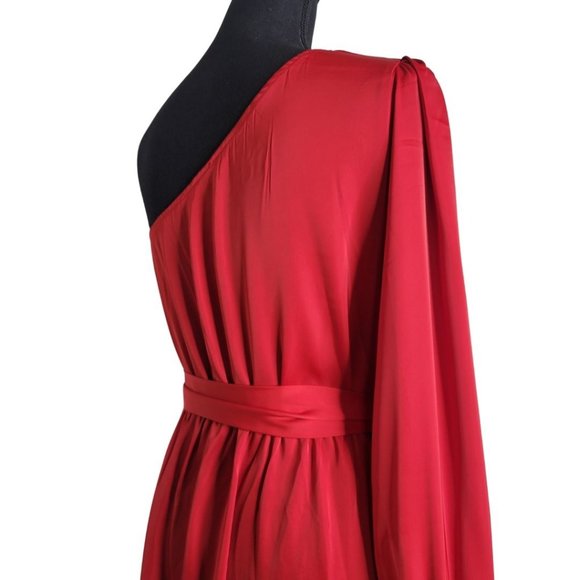 WOMEN'S SATIN ELEGANT OCCASION CHERRY RED MAXI DRESS ASYMMETRICAL - Picture 8 of 11